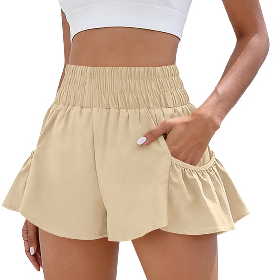Athletic Shorts for Women Summer High Waisted Boho Ruffle Shorts with Pockets Quick Dry Running Gym Flowy Short, XL