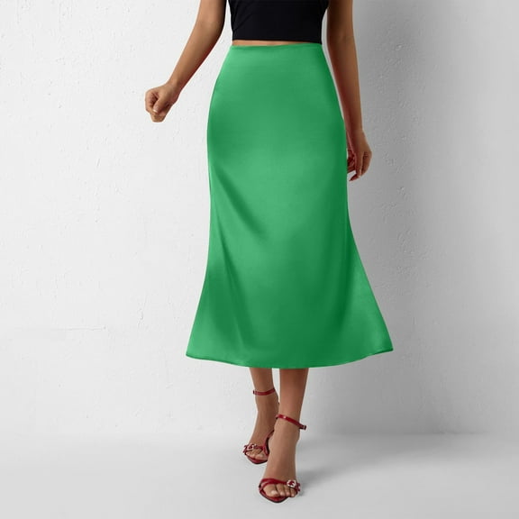 Athletic Skirts Women's Midi Satin Skirt High Waisted Elegant Dressy Work Skirts Solid Color A-Line Flowy Skirts for Party Wedding Mint Green M