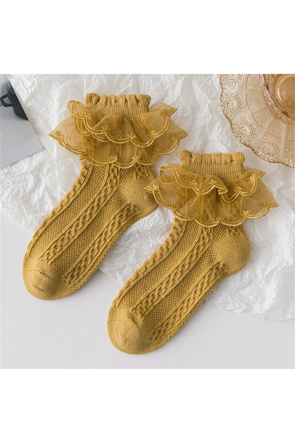 Athletic Socks Crew Girl's Solid Color Dress Lace Socks Spring Summer Socks Girl's Dance Princess Socks Pilates Grip Socks Girls Yellow 10Y