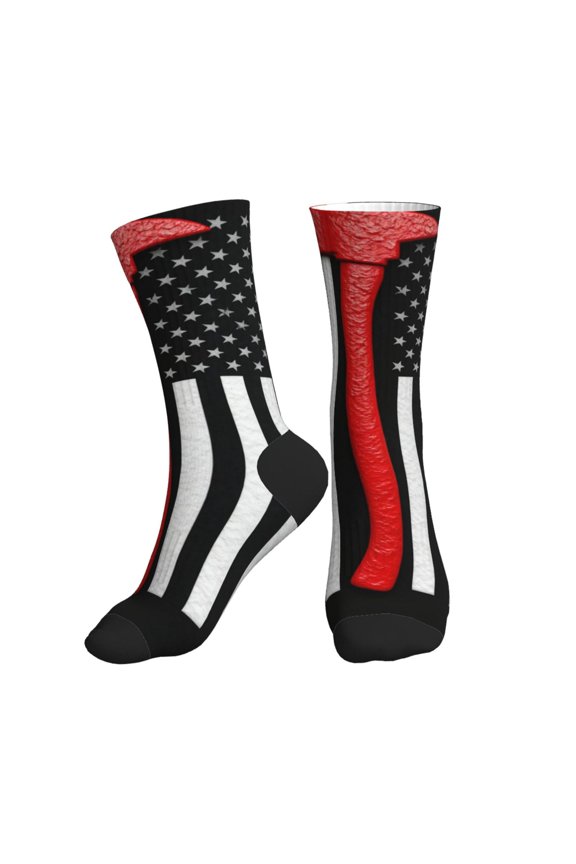 Athletic Socks Thin Red Firefighter Line Axe Flag Pattern Sport Running Calf Socks Crew Socks for Men Women