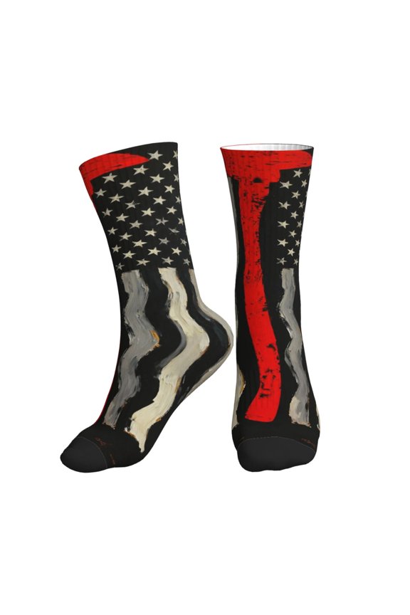 Athletic Socks Thin Red Firefighter Line Axe Flag Sport Running Calf Socks Crew Socks for Men Women