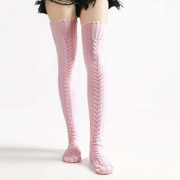 Athletic Socks Women, Women's Warm Solid Color Over-the-Knee Socks Women's Cable Knitted Stacked Socks New Women's Socks Athletic Style B-125 Pinky L