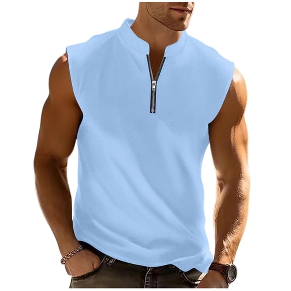 Athletic Solid Zip Standing Collar Sleeveless Polo Shirts For Men Summer Weekend Golf Outing Resort Vacation Backyard Party Daily Wear Travel Ready Modern Look