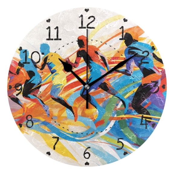 Athletic Sports Abstract Paintings Round Wall Clock Silent Battery Operated Home Decor for Living Room Bedroom