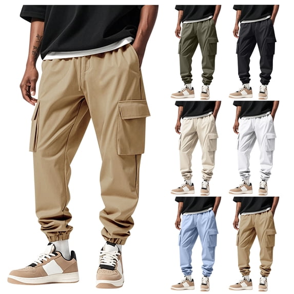 Athletic Sweatpants for Men Ndbuld Men Casual Fashion Breathable Exercise Draw Rope Waist Multiple Pockets Cargo Pants Bind The Feet Pants Khaki M