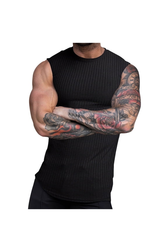 Athletic Tank Tops Qiggri Men's Summer Knitted Vertical Stripe Fitness Sports Round Neck Tank Top