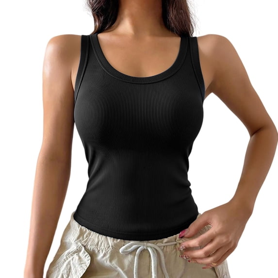 Athletic Tank Tops for Women Built in Bras V Neck Ribbed Camisole Knit Elastic Tanks Top Workout Strechy Slim Fit Women Soft Lightweight Cami Daily Beach Travel Outfits, Black L