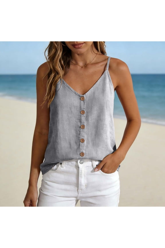 Athletic Tank Tops Women V Neck Button Front Spaghetti Strap Linen Tank Tops Loose Breathable Casual Summer Boho Sleeveless Tops Gray M