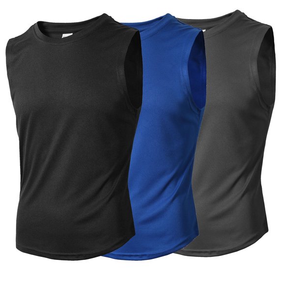 Athletic Tank Tops for Mens Breathable Undershirt Mesh Summer Casual Workout Gym Sports Shirts Base Layers, Black&Blue&Gray, XL