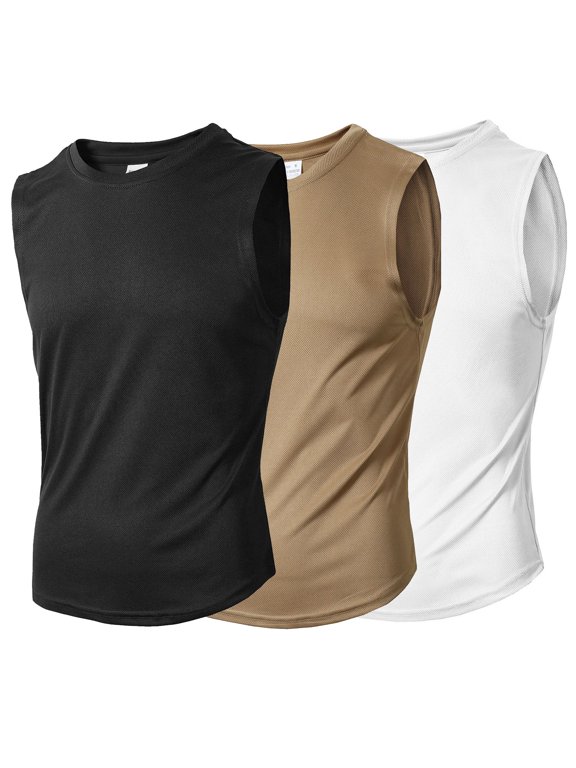 Athletic Tank Tops for Mens Breathable Undershirt Mesh Summer Casual Workout Gym Sports Shirts Base Layers, Black&Khaki&White, S