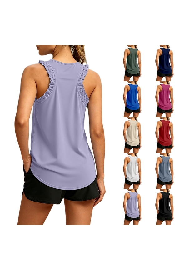 Athletic Tank Tops for Women Crewneck Sleeveless Ruffle Racerback Workout Yoga Top Casual Loose Running Athletic Tee Shirts Navy XXL