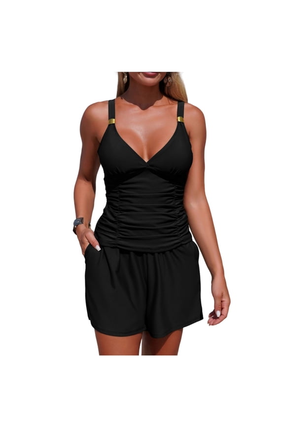 Athletic Tankini Swimsuits Women Ruched Modest Swimwear Cross Back Bathing Suits with Pockets Bottom(Black S)