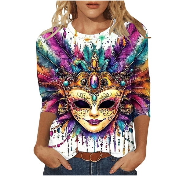 Mardi Gras Outfit for Women,Womens Plus Size Tops Round Neck Cotton Tshirts for Women Summer Blouses 3/4 Sleeve Shirts for Women Office