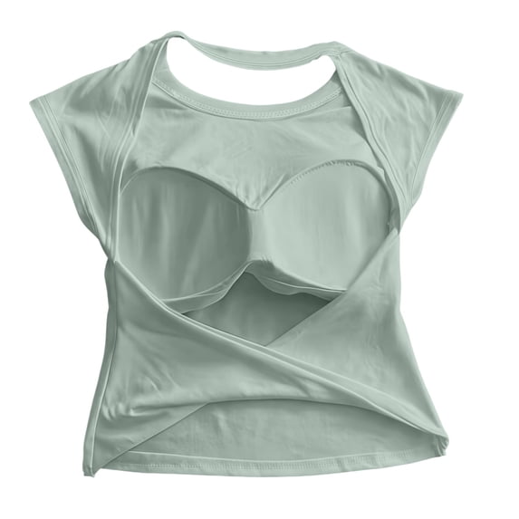 Athletic Tops for Women Open Back Cutout Cap Sleeve Cross Wrap Hem Crop Shirts Built-in Bra Pads Stretchy Breathable Slim Fit Workout Tees Gym Running Summer Streetwear Outfits Green 2XL