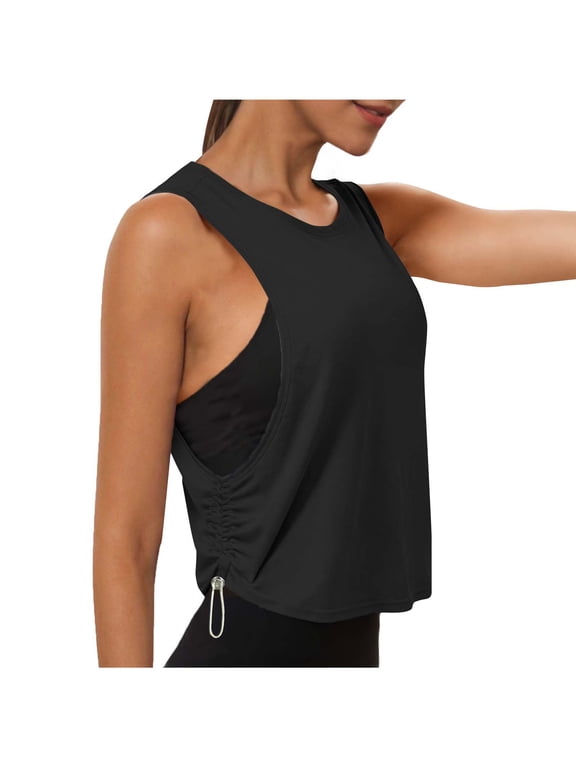 Athletic Tops for Women Sleeveless Workout Tank Top Cutout Side Ruched Drawstring Pull-On Yoga Cami