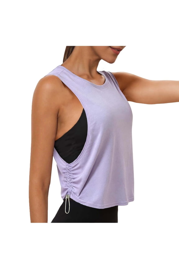 Athletic Tops for Women Sleeveless Workout Tank Top Cutout Side Ruched Drawstring Pull-On Yoga Cami