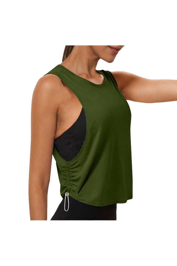 Athletic Tops for Women Sleeveless Workout Tank Top Cutout Side Ruched Drawstring Pull-On Yoga Cami