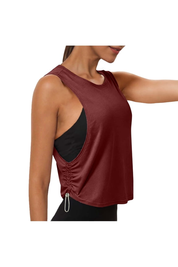 Athletic Tops for Women Sleeveless Workout Tank Top Cutout Side Ruched Drawstring Pull-On Yoga Cami