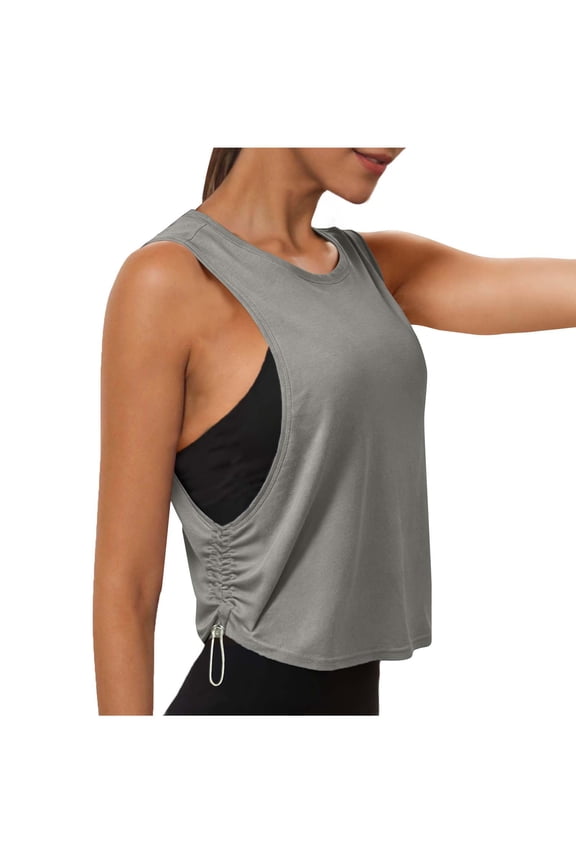Athletic Tops for Women Sleeveless Workout Tank Top Cutout Side Ruched Drawstring Pull-On Yoga Cami
