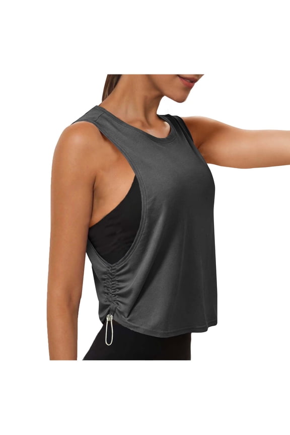 Athletic Tops for Women Sleeveless Workout Tank Top Cutout Side Ruched Drawstring Pull-On Yoga Cami