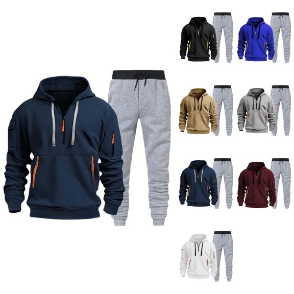Athletic Tracksuit 2-Piece Set with Zip-Up Hooded Sweatshirt and Jogger Pants for Gym Training and Daily Wear