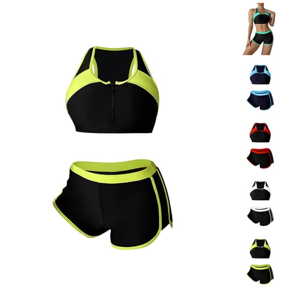 Athletic Two Piece Swimsuits for Women - Solid Color Block Boy Shorts Style, Stretchy Comfortable Suits for Swimming Fitness