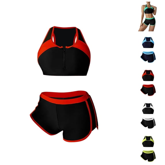 Athletic Two Piece Swimsuits for Women - Solid Color Block Boy Shorts Style, Stretchy Comfortable Suits for Swimming Fitness