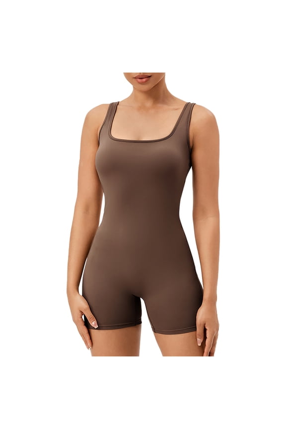 Athletic Womens Romper Tank Top Summer Ribbed Sleeveless Tank Bodycon Rompers Scoop Neck Padded Short Yoga Jumpsuit