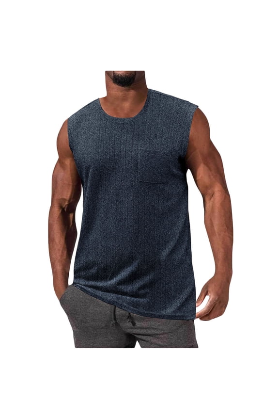 Athletic Workout Tank Tops for Men with Pocket Sleeveless Crewneck Muscle T-Shirts Mens Casual Solid Pullover Breathable Going-Out Tees Top