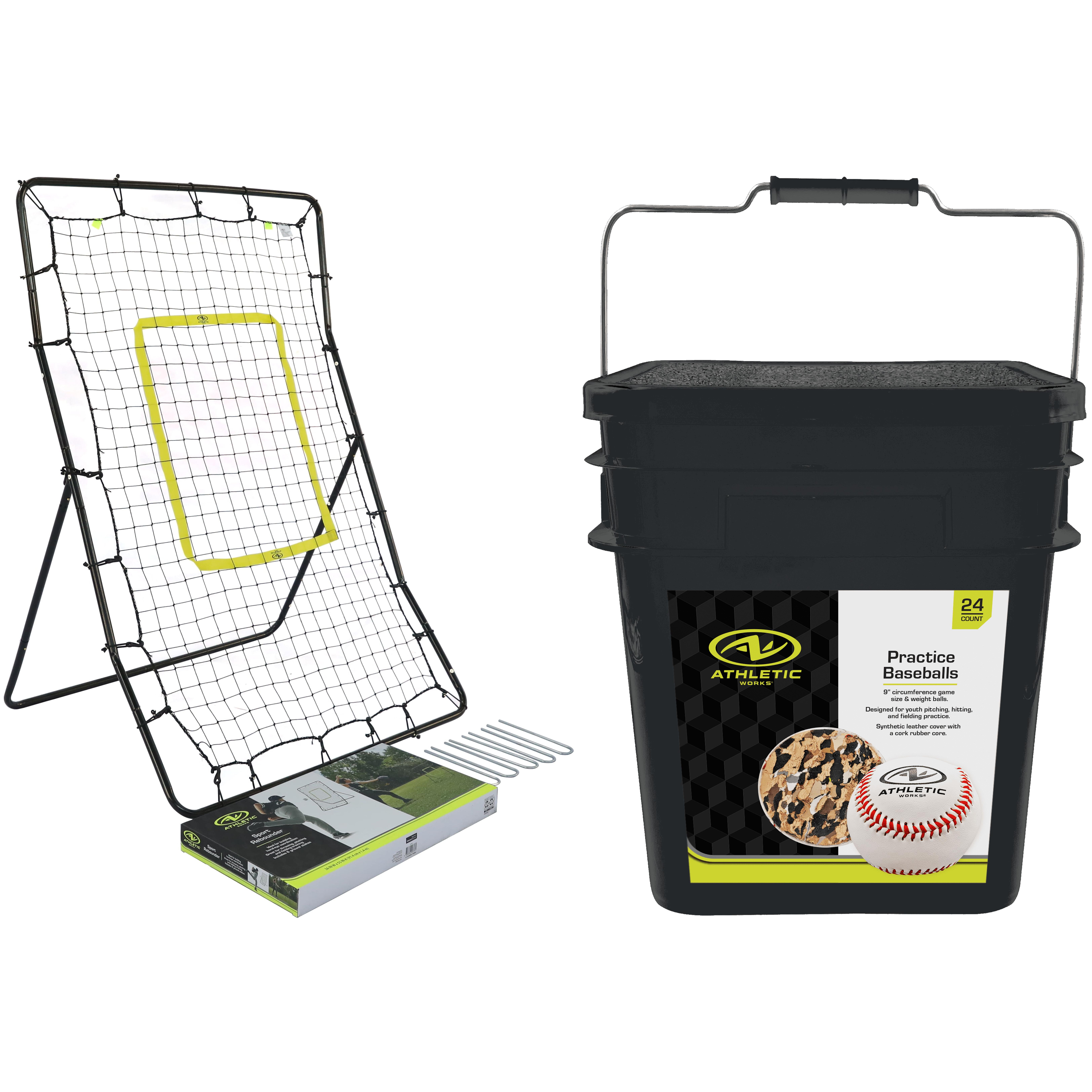 Athletic Works 36" x 55" Baseball Rebounder Net + 9-Inch Leather 24ct Baseball Bucket Bundle