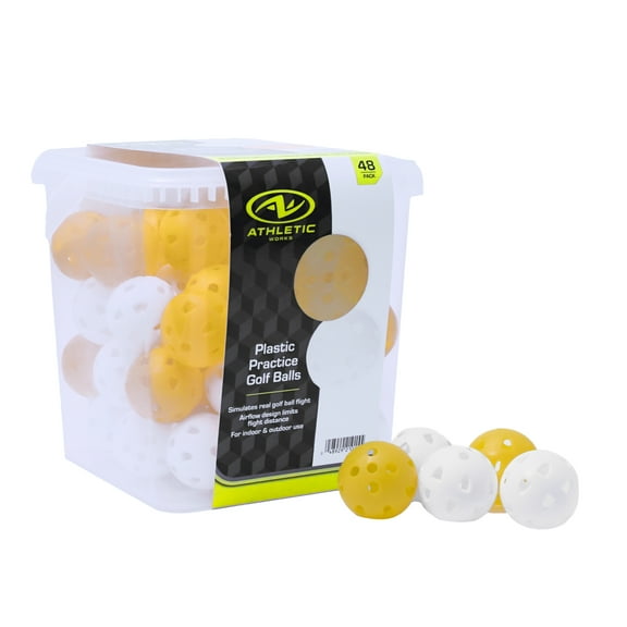 Athletic Works Limited Flight Practice Golf Balls 48 Count White & Yellow Durable Lightweight Training Balls with Reusable Bucket