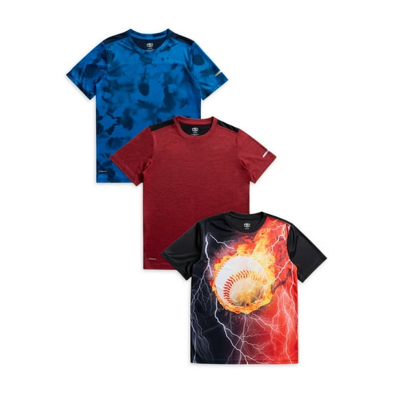 Athletic Works Boys Active Solid and Print Short Sleeve T-Shirts, 3-Pack, Sizes 4-18 & Husky