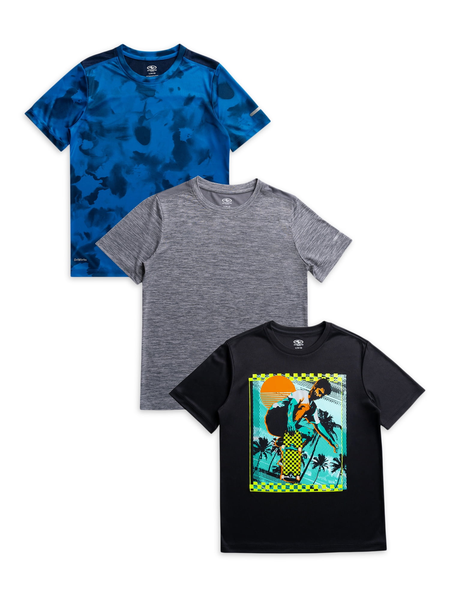 Athletic Works Boys Active Solid and Print Short Sleeve T-Shirts, 3-Pack, Sizes 4-18 & Husky