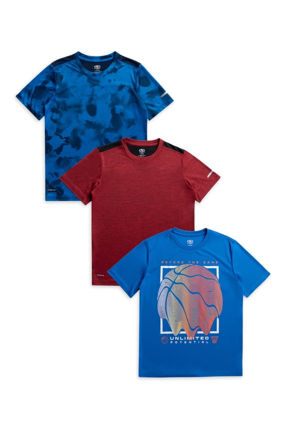 Boys Active Solid and Print Short Sleeve T-Shirts, 3-Pack, Sizes 4-18 & Husky