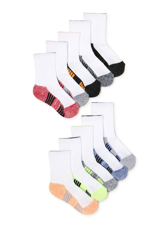 Athletic Works Boys Cushioned Crew Socks, 10-Pack S (4-8.5) - L (3-9)