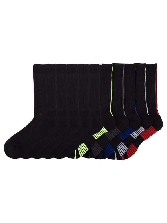 Boys Cushioned Crew Socks, 10-Pack, Size Small (4-8.5), Large (3-9)