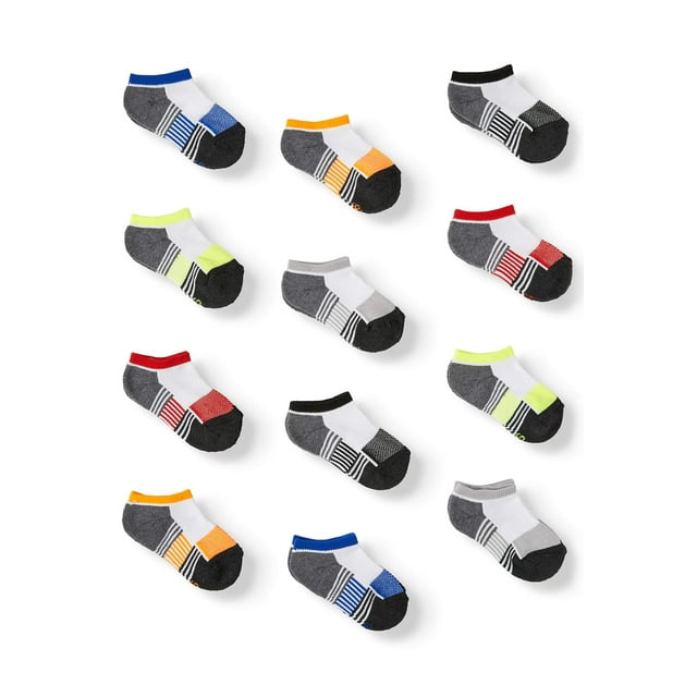 Athletic Works Boys Socks, 12 Pack Half Cushioned No Shows, Sizes S (4.5-8.5) - L (3-9)