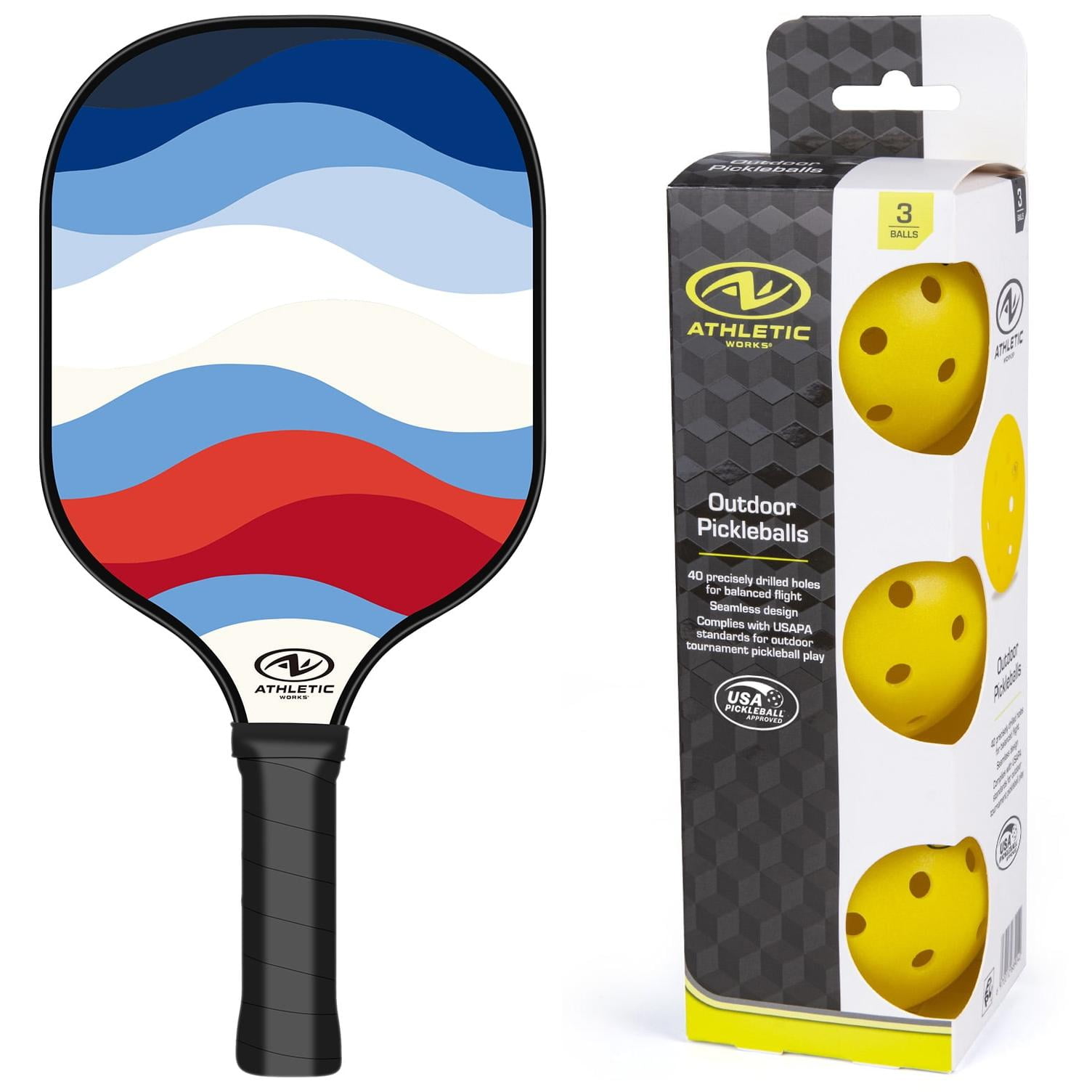 Athletic Works Fiberglass Pickleball Paddle, Americana and 3pk Outdoor Pickleballs