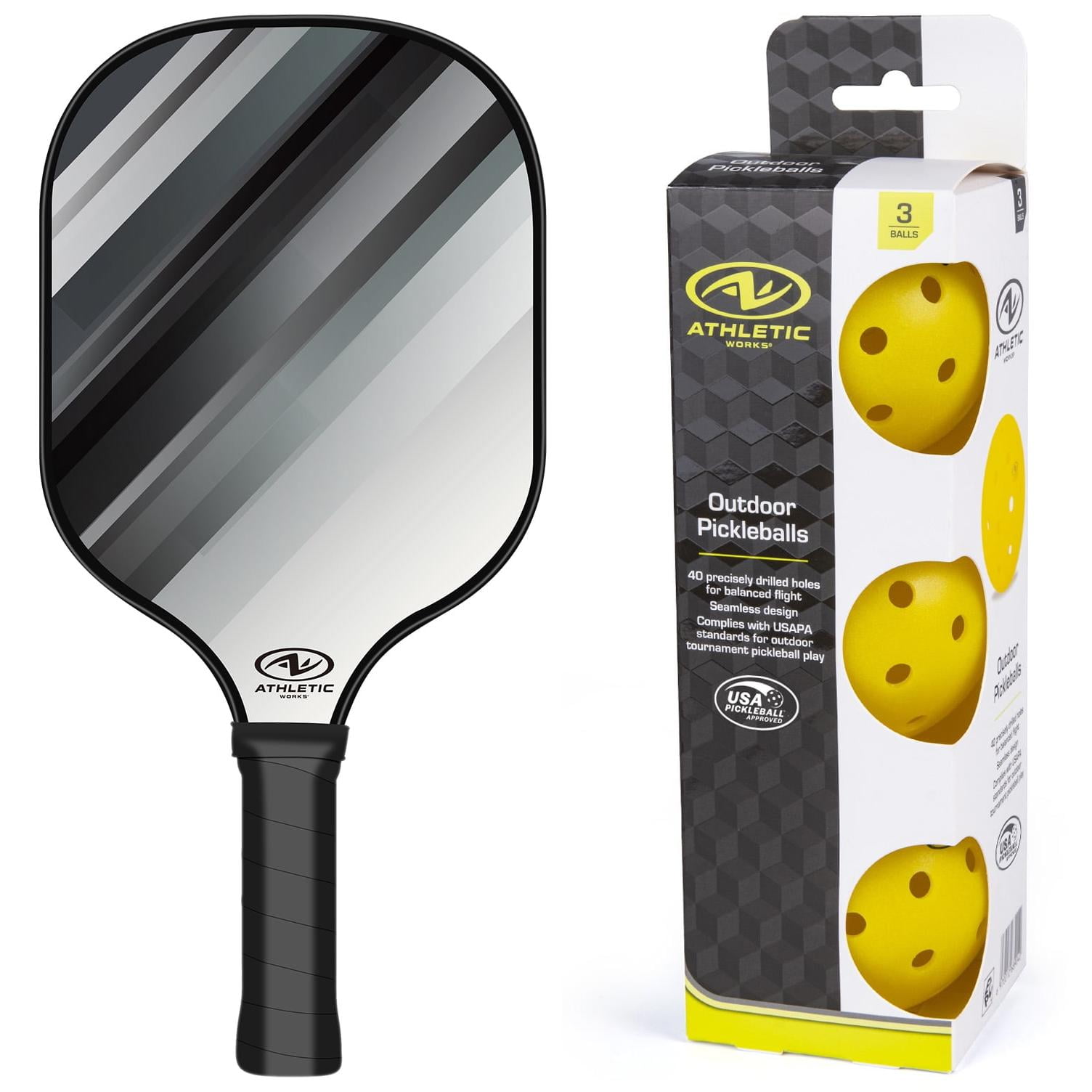 Athletic Works Fiberglass Pickleball Paddle, Black/Gray and 3pk Outdoor Pickleballs