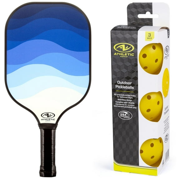 Athletic Works Fiberglass Pickleball Paddle, Blue Wave and 3pk Outdoor Pickleballs