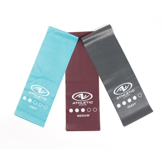 Athletic Works Flat Bands 60InL Natural Latex 3PCS, Teal/Purple/Gray Carry Pouch Included