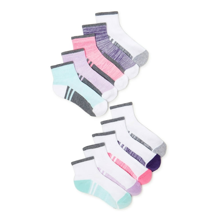 Athletic Works Girls Cushioned Ankle Socks, 10-Pack, Sizes S (6-10.5) - L  (4-10) 