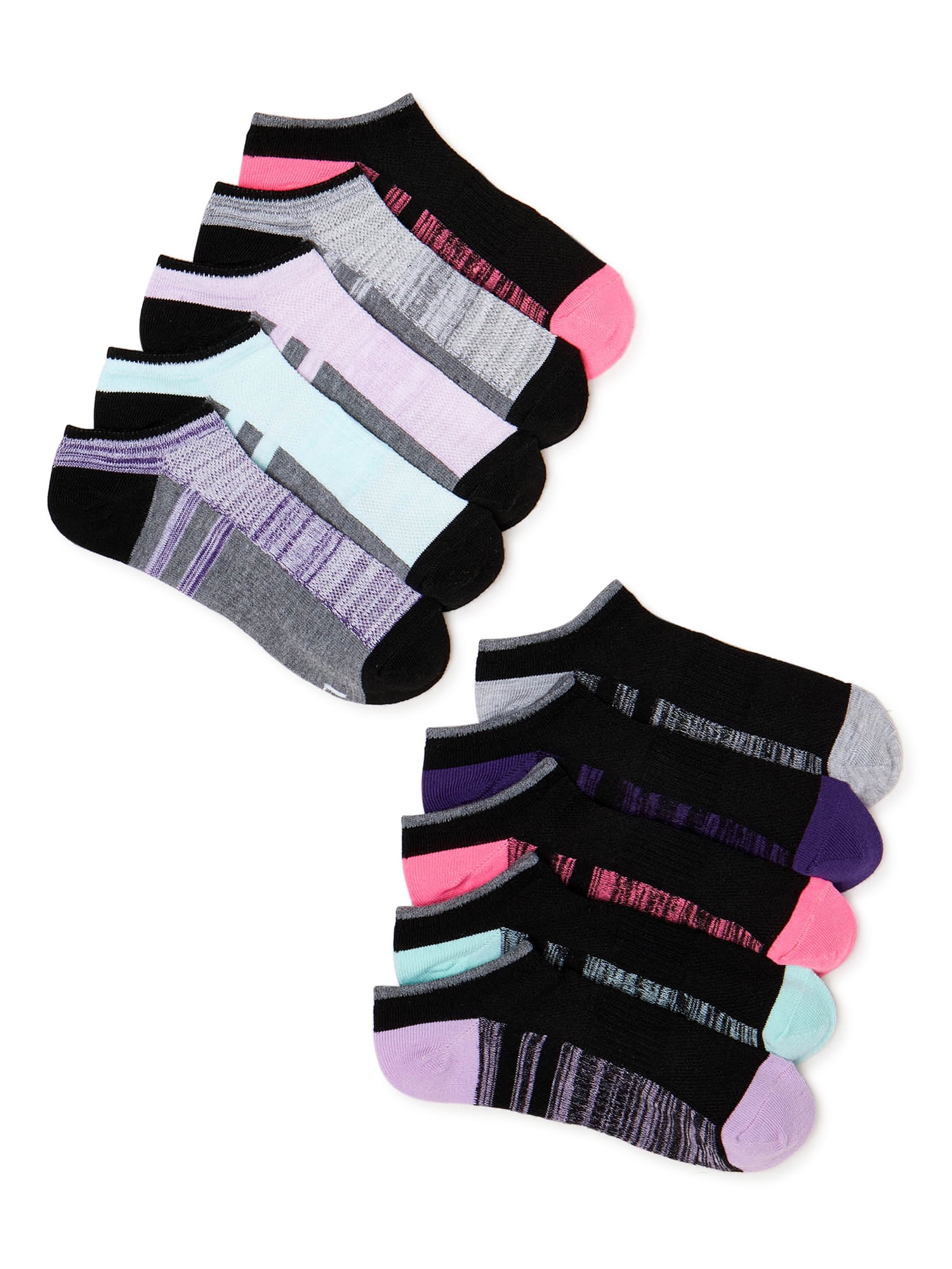 Athletic Works Girls Cushioned No Show Socks, 10-Pack, Sizes S (6-10.5) - L  (4-10) 