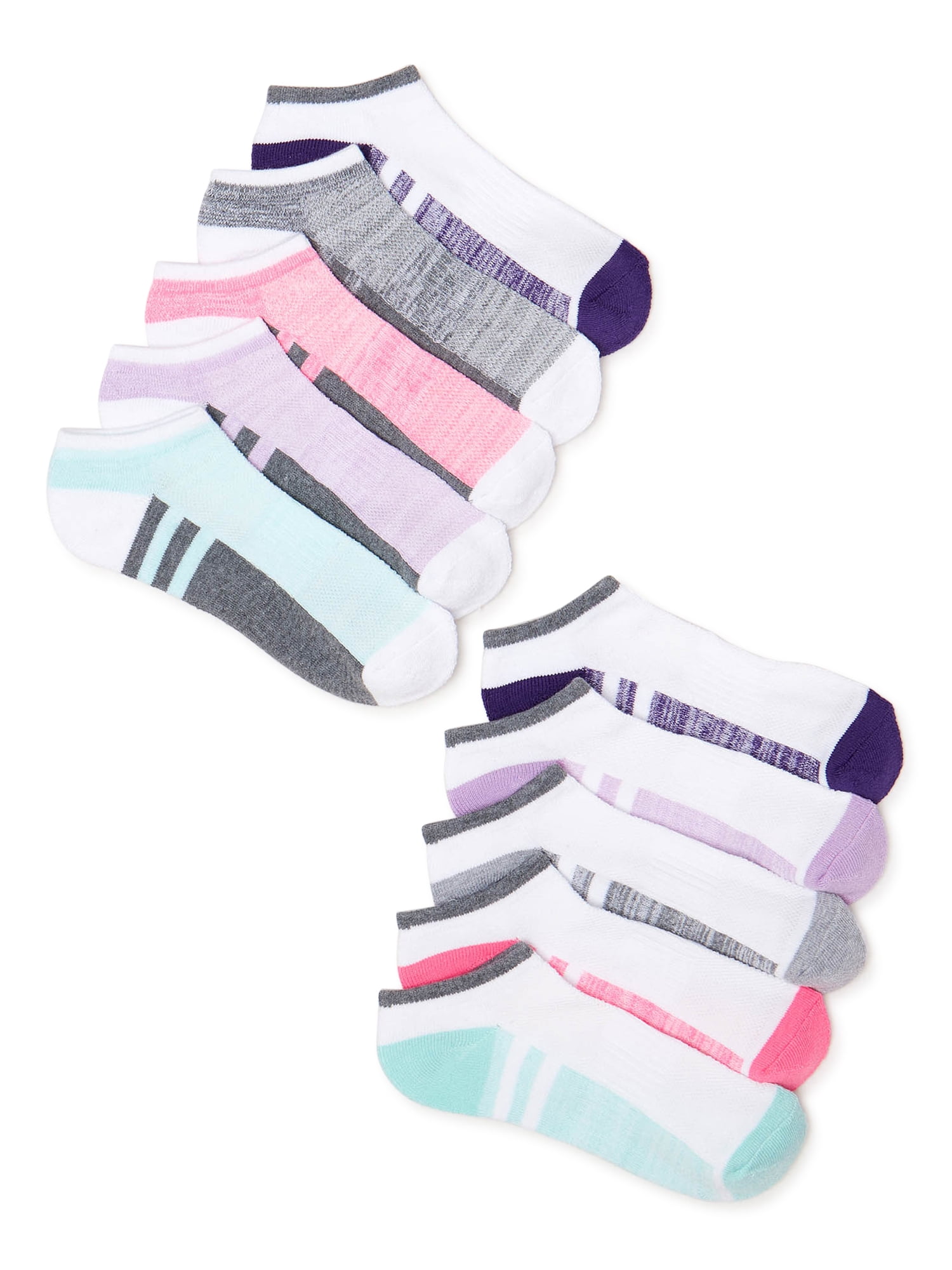 Athletic Works Girls Flat knit No Show Socks, 10-Pack, Sizes S (6-10.5 ...
