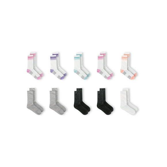 Athletic Works Girls Lightweight Crew Socks ,10 Pack, Size S (6-10.5) M (10.5-4) L (4-10)