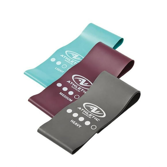 Athletic Works Loop Exercise Bands, 3 Pieces Set, Light, Medium, Heavy 12 In. x 3 In. Carry Pouch Included