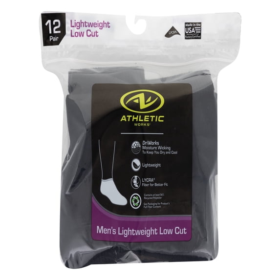 Athletic Works Men's Lightweight Low Cut Socks, 12-Pack, Moisture-Wicking, Lightweight Fabric, Fits Shoe Sizes 6-12