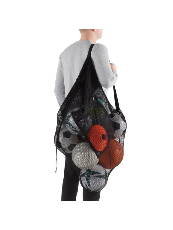 Mesh Ball Bag with Drawstring Shoulder Strap, Black, Unisex