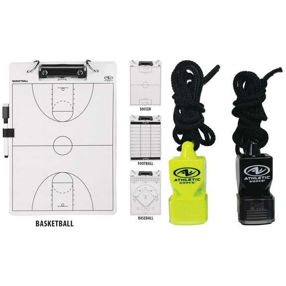 Athletic Works Multi Coaching Clip Board, 12.5" x 8.5" + Athletic Works Pea-less Coaches Whistle 2pk