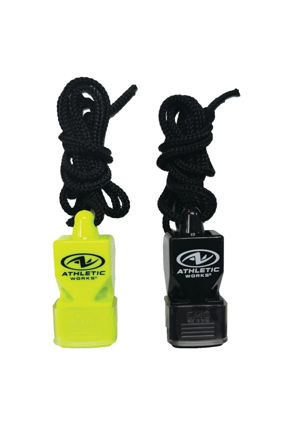 Pea-less Coaches Whistle, Adjustable Cord, Black, Yellow, Plastic, 2 Pack